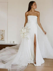 Wedding Dress Custom, A-Line/Princess Strapless Cathedral Train Stretch Crepe Wedding Dresses With Leg Slit