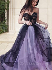 Prom Outfit, A-Line/Princess Strapless Court Train Tulle Prom Dresses With Appliques Lace