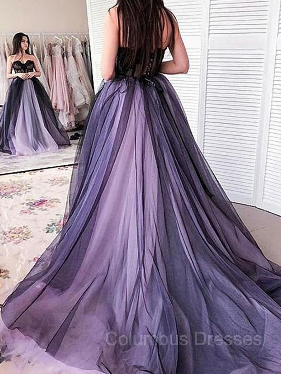 Design Dress, A-Line/Princess Strapless Court Train Tulle Prom Dresses With Appliques Lace