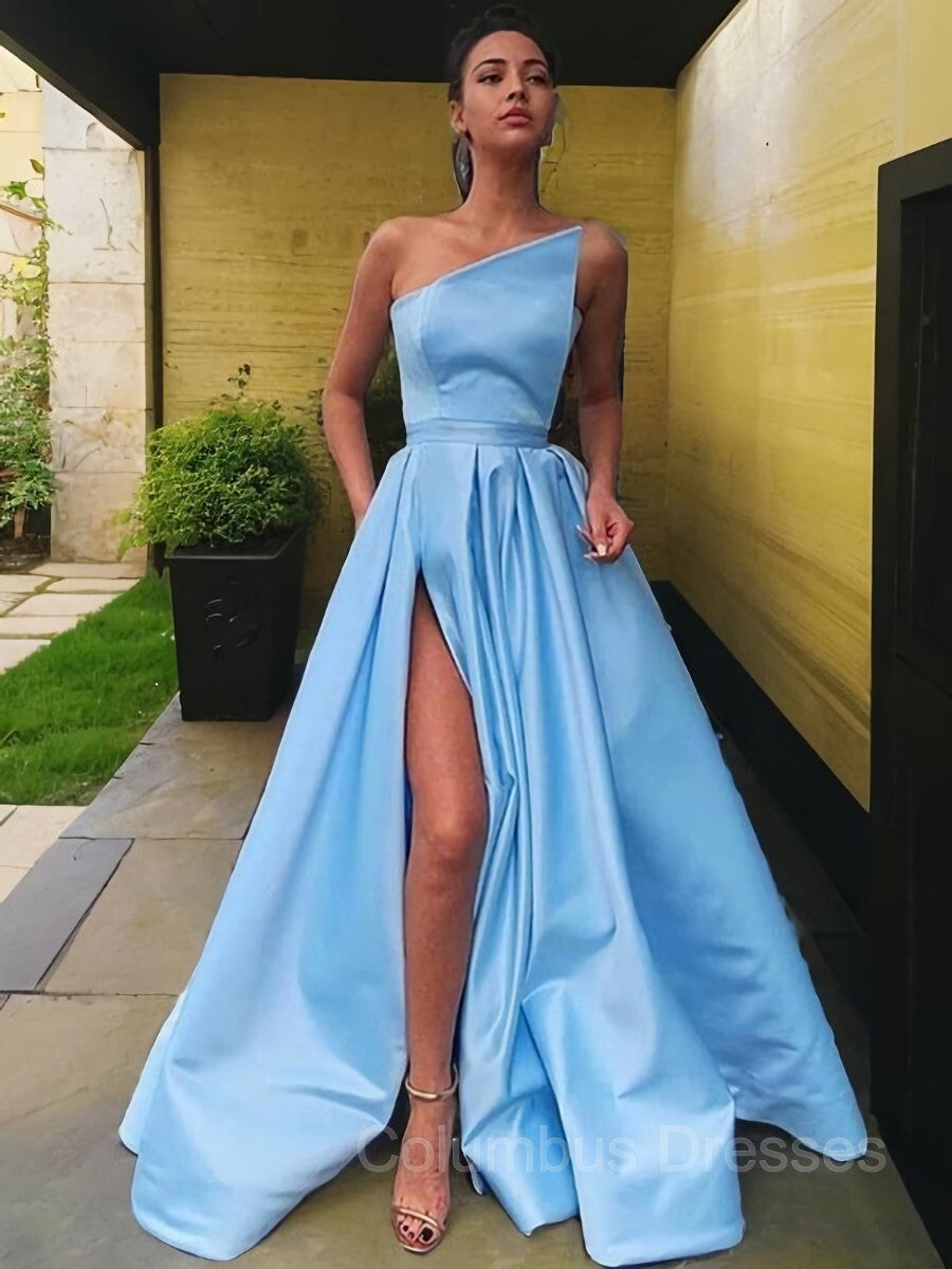 Stylish Outfit, A-Line/Princess Strapless Floor-Length Satin Prom Dresses With Leg Slit
