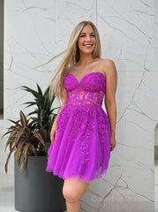 Party Dress For Wedding, A-line/Princess Strapless Knee-Length Tulle Homecoming Dress with Appliques Lace