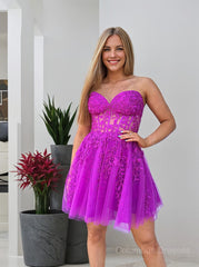 Party Dresses For Wedding, A-line/Princess Strapless Knee-Length Tulle Homecoming Dress with Appliques Lace