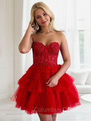 Party Dress Codes, A-line/Princess Strapless Short/Mini Tulle Homecoming Dress with Cascading Ruffles