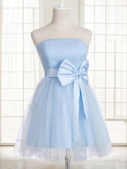 Prom Inspo, A-Line/Princess Strapless Short/Mini Tulle Homecoming Dresses With Bow