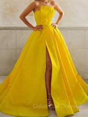 Fancy Outfit, A-Line/Princess Strapless Sweep Train Satin Prom Dresses With Leg Slit