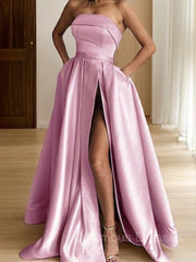 Bridesmaids Dress Styles Long, A-Line/Princess Strapless Sweep Train Satin Prom Dresses With Leg Slit