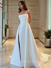Wedding Dress Classy Elegant, A-Line/Princess Strapless Sweep Train Satin Wedding Dresses With Leg Slit