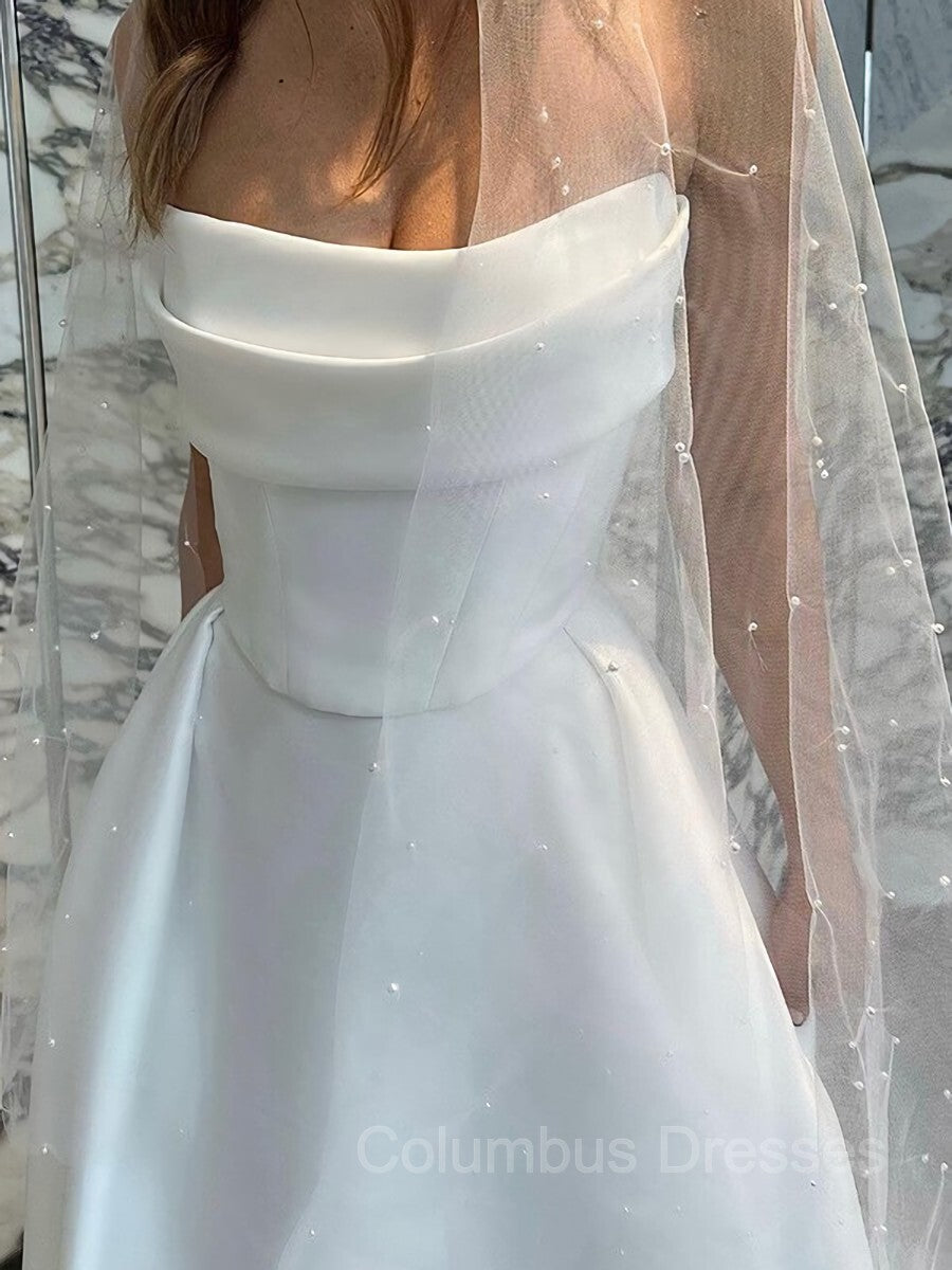 Wedding Dresses Elegant Simple, A-Line/Princess Strapless Sweep Train Satin Wedding Dresses With Leg Slit