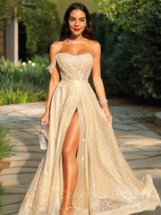 Bridesmaid Dress Sleeveless, A-Line/Princess Strapless Sweep Train Sequins Prom Dresses With Leg Slit