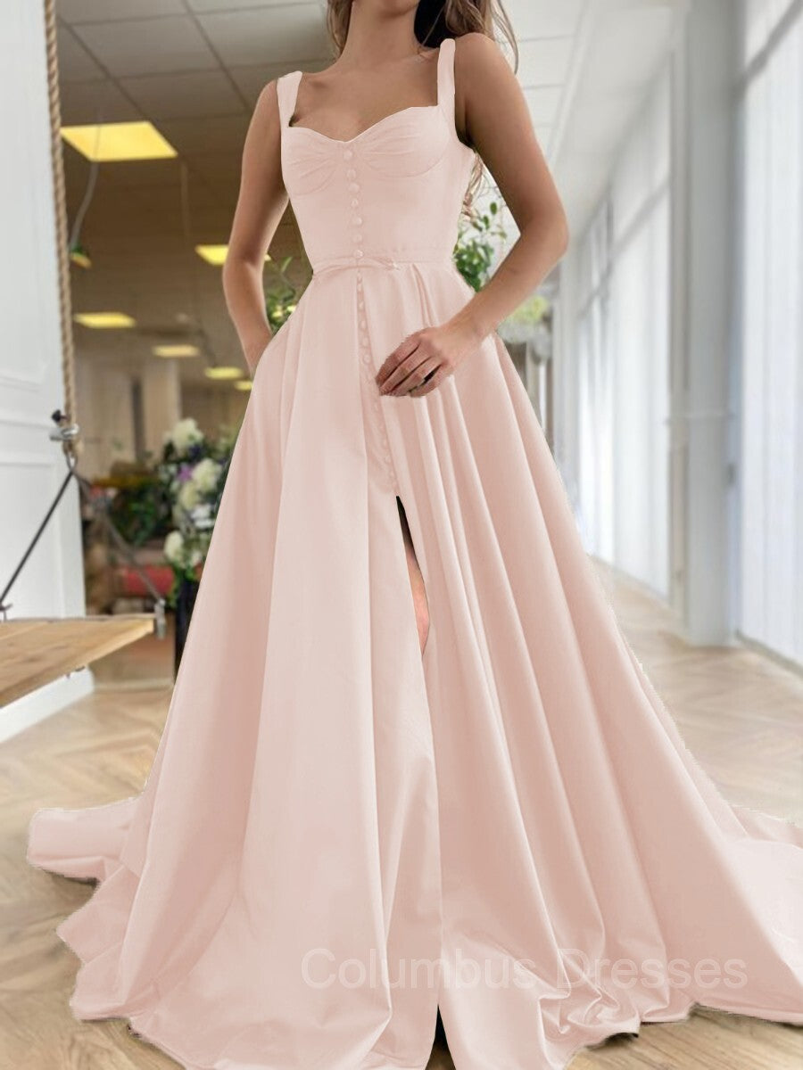 Evening Dress Sleeve, A-Line/Princess Straps Court Train Satin Prom Dresses With Pockets