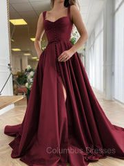 Evening Dress Sleeves, A-Line/Princess Straps Court Train Satin Prom Dresses With Pockets
