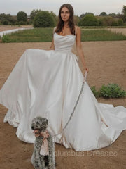 Wedding Dresse Long Sleeve, A-line/Princess Straps Court Train Satin Wedding Dress with Bow