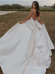 Weddings Dress Long Sleeve, A-line/Princess Straps Court Train Satin Wedding Dress with Bow