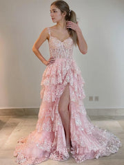 Bridesmaids Dresses Blue, A-Line/Princess Straps Court Train Tulle Prom Dresses With Leg Slit