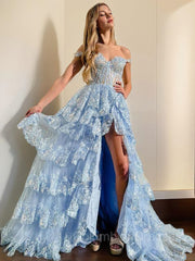 Bridesmaides Dresses Blue, A-Line/Princess Straps Court Train Tulle Prom Dresses With Leg Slit