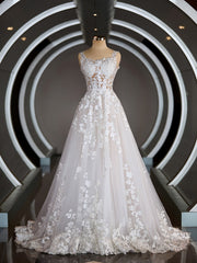 Wedding Dresses Uk, A-Line/Princess Straps Court Train Tulle Wedding Dresses with Appliques Lace