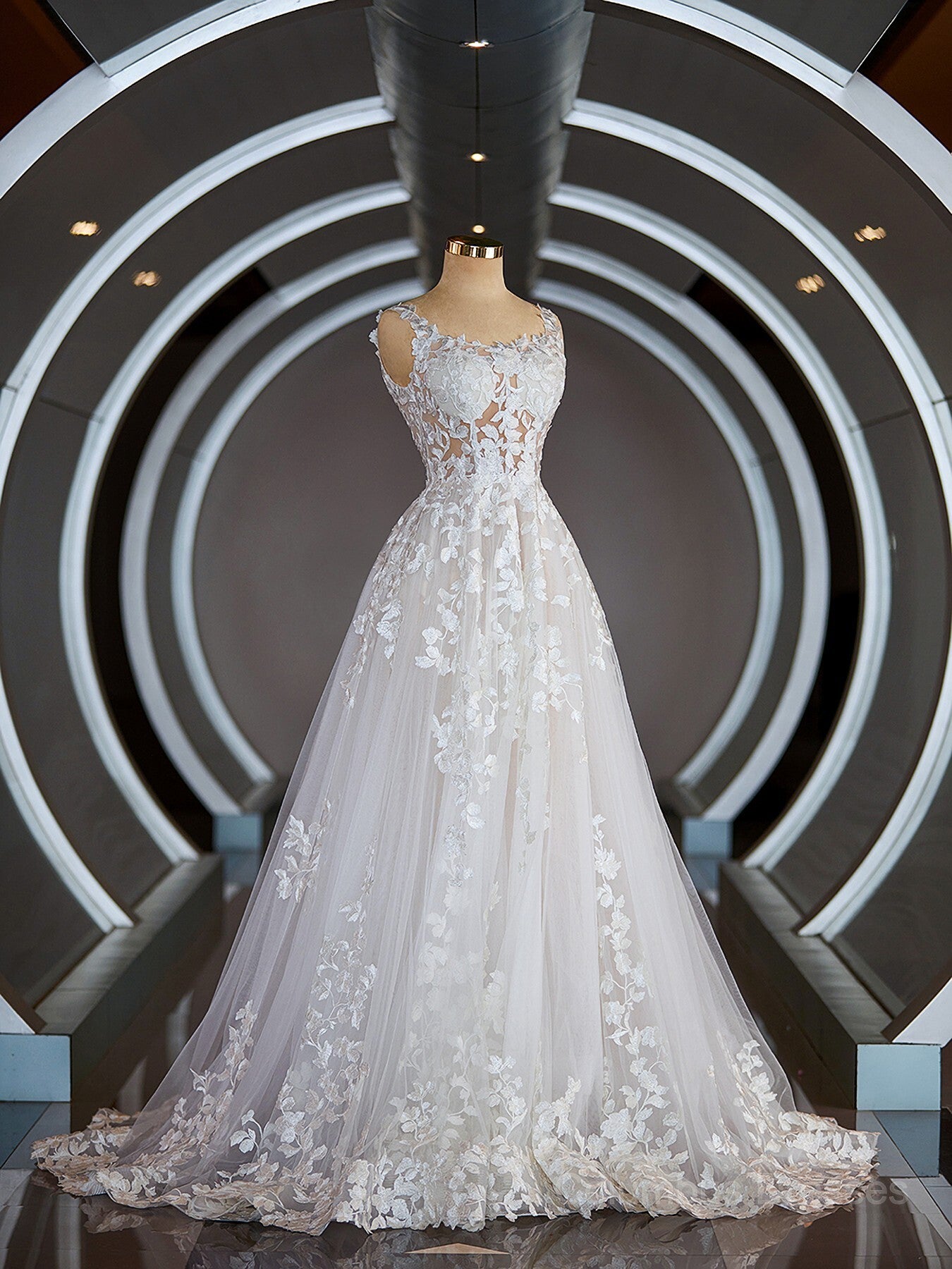 Wedding Dress Uk, A-Line/Princess Straps Court Train Tulle Wedding Dresses with Appliques Lace