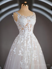 Wedding Dresses Shapes, A-Line/Princess Straps Court Train Tulle Wedding Dresses with Appliques Lace