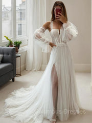 Wedding Dresses Princess, A-Line/Princess Straps Court Train Tulle Wedding Dresses With Leg Slit