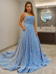 Evening Dresses 2040, A-Line/Princess Straps Court Train Velvet Sequins Prom Dresses With Pockets