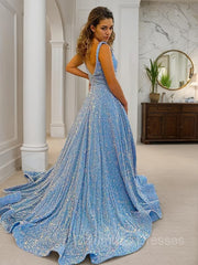 Evening Dresses Lace, A-Line/Princess Straps Court Train Velvet Sequins Prom Dresses With Pockets
