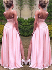 Bachelorette Party Outfit, A-Line/Princess Straps Floor-Length Stretch Crepe Prom Dresses With Leg Slit