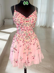Party Dress Outfits Ideas, A-line/Princess Straps Short/Mini Lace Homecoming Dress with Appliques Lace