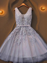Dusty Blue Bridesmaid Dress, A-Line/Princess Straps Short/Mini Tulle Homecoming Dresses With Appliques Lace