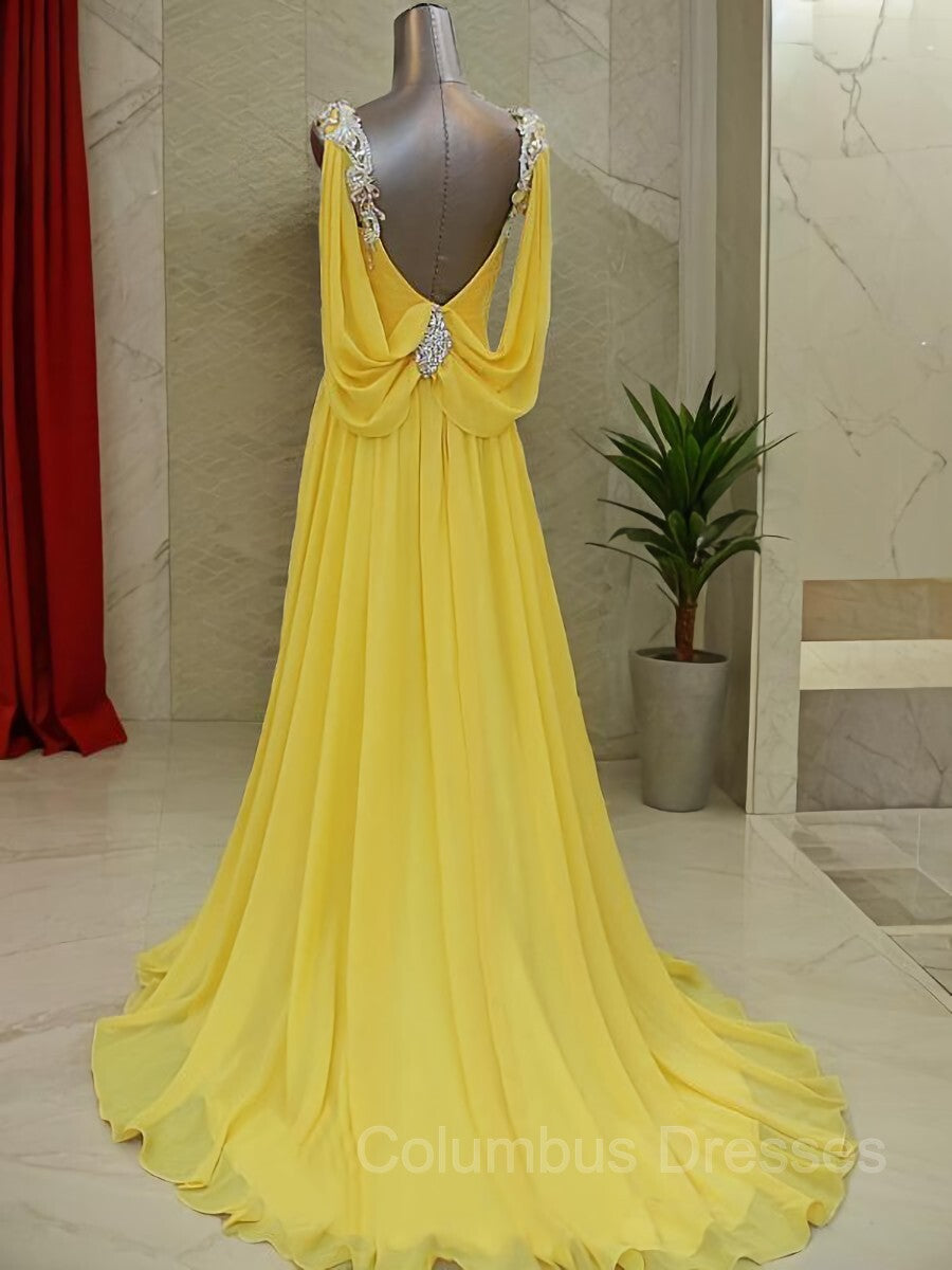 Bridal Shoes, A-Line/Princess Straps Sweep Train Chiffon Prom Dresses With Beading