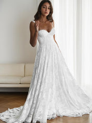Wedding Dress Sales, A-Line/Princess Straps Sweep Train Lace Wedding Dresses