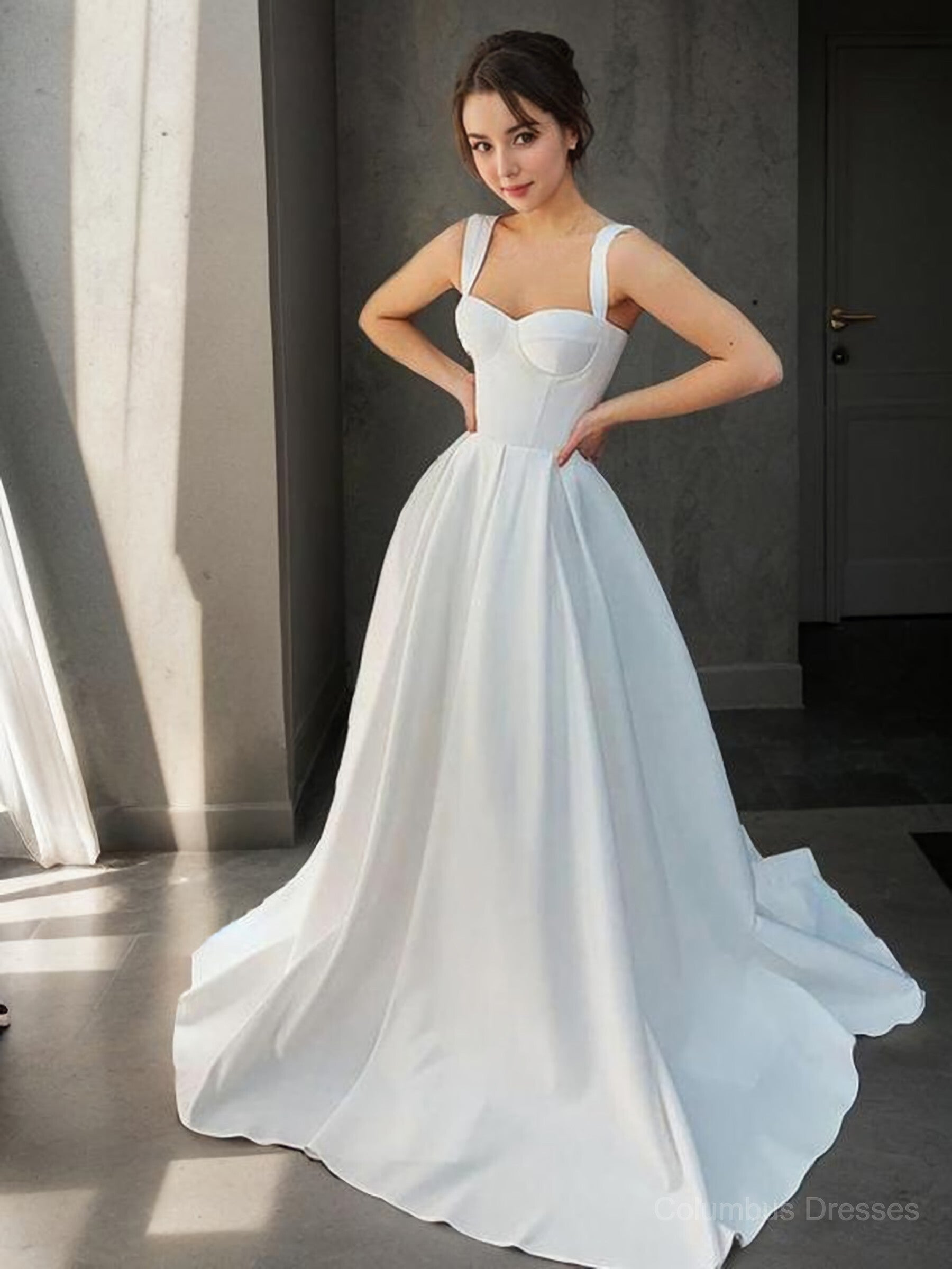 Wedding Dress Color, A-Line/Princess Straps Sweep Train Satin Wedding Dresses