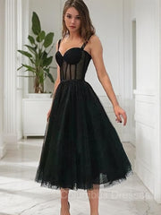 Formal Dresses Gowns, A-Line/Princess Straps Tea-Length Lace Homecoming Dresses With Ruffles