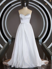 Wedding Dresses Lace Simple, A-Line/Princess Sweetheart Chapel Train Satin Wedding Dresses with Ruffles