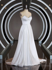 Wedding Dress Lace Simple, A-Line/Princess Sweetheart Chapel Train Satin Wedding Dresses with Ruffles