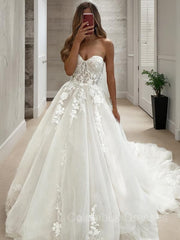 Wedding Dress Back, A-Line/Princess Sweetheart Chapel Train Tulle Wedding Dresses With Appliques Lace