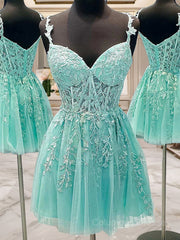 Party Dress Prom, A-Line/Princess Sweetheart Corset Short/Mini Tulle Homecoming Dresses With Appliques Lace