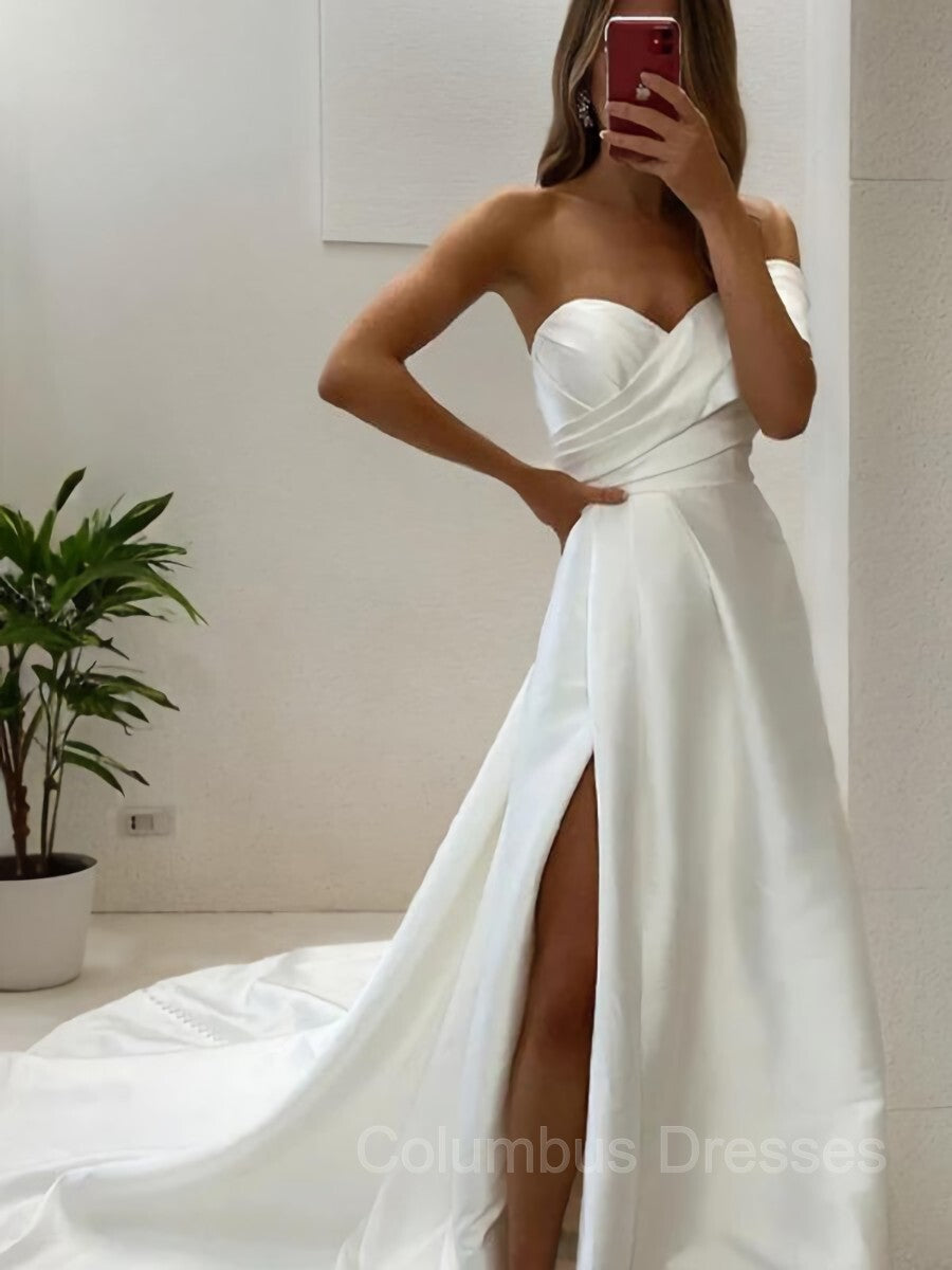 Wedding Dresses Lace A Line, A-Line/Princess Sweetheart Court Train Satin Wedding Dresses With Leg Slit
