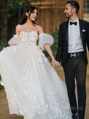Wedding Dresses Unique, A-Line/Princess Sweetheart Court Train Tulle Wedding Dresses With Appliques Lace