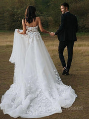 Wedding Dresse Unique, A-Line/Princess Sweetheart Court Train Tulle Wedding Dresses With Appliques Lace