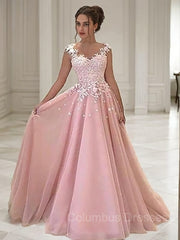 Party Dresses 2040, A-Line/Princess Sweetheart Floor-Length Tulle Evening Dresses With Appliques Lace