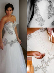 Wedding Dresses Sleeved, A-Line/Princess Sweetheart Floor-Length Tulle Wedding Dresses With Rhinestone
