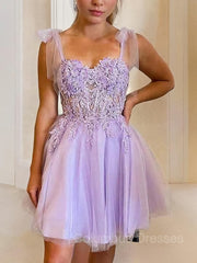 Short Black Dress, A-Line/Princess Sweetheart Short/Mini Tulle Homecoming Dresses With Appliques Lace