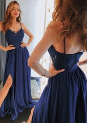 Formal Dresses Ball Gown, A-line/Princess Sweetheart Sleeveless Long/Floor-Length Charmeuse Prom Dress With Split Lace