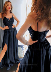 Formal Dresses Outfit, A-line/Princess Sweetheart Sleeveless Long/Floor-Length Charmeuse Prom Dress With Split Lace