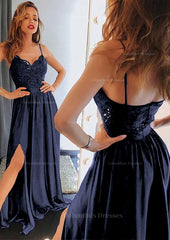Formal Dresses Outfits, A-line/Princess Sweetheart Sleeveless Long/Floor-Length Charmeuse Prom Dress With Split Lace