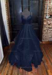 Homecoming Dress Website, A-line Princess Sweetheart Sleeveless Long/Floor-Length Tulle Sparkling Prom Dress
