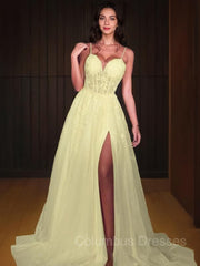 Bridesmaid Dress Fall Wedding, A-Line/Princess Sweetheart Sweep Train Lace Prom Dresses With Leg Slit