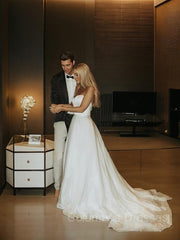 Wedding Dress With Lace, A-Line/Princess Sweetheart Sweep Train Organza Wedding Dresses
