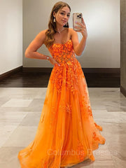 Prom Dress Boho, A-Line/Princess Sweetheart Sweep Train Tulle Prom Dresses With Appliques Lace