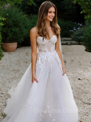 Wedding Dress V Neck, A-Line/Princess Sweetheart Sweep Train Tulle Wedding Dresses With Appliques Lace